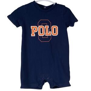 Ralph Lauren Baby Boys Size 9M 100 % Cotton Navy Orange Logo Short Sleeve Romper